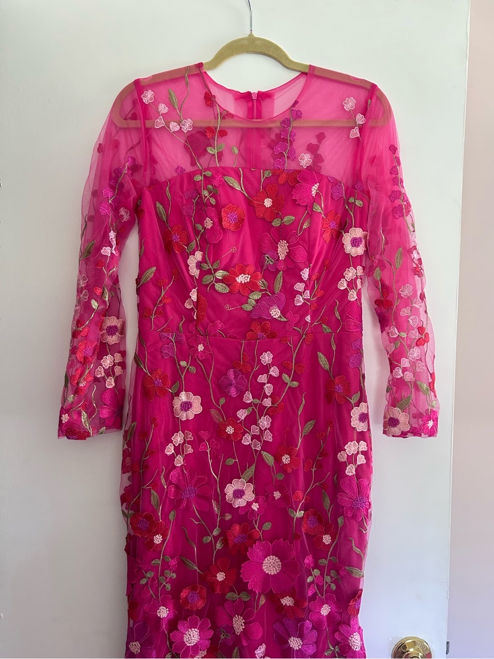 3D Floral Embroidered Pink Long Sleeve Midi Dress